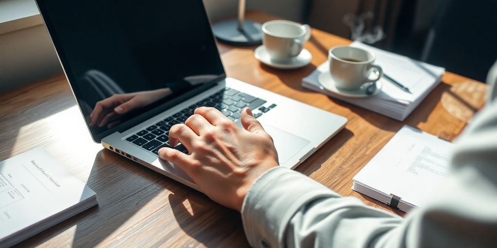Laptop, resume, and coffee on a desk.