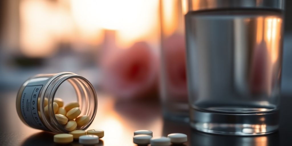 Pill bottle and glass of water on a romantic table.