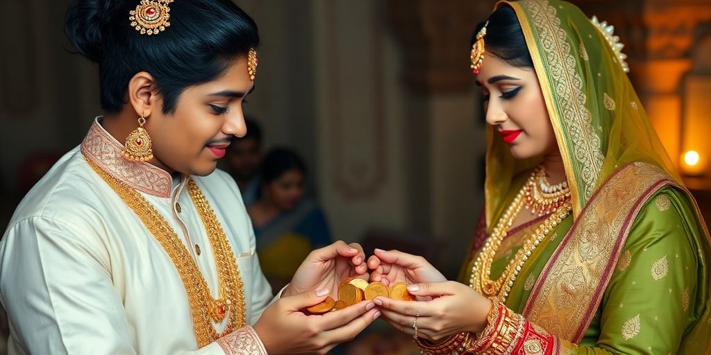 Couple échangeant des pièces d'or et des bijoux.