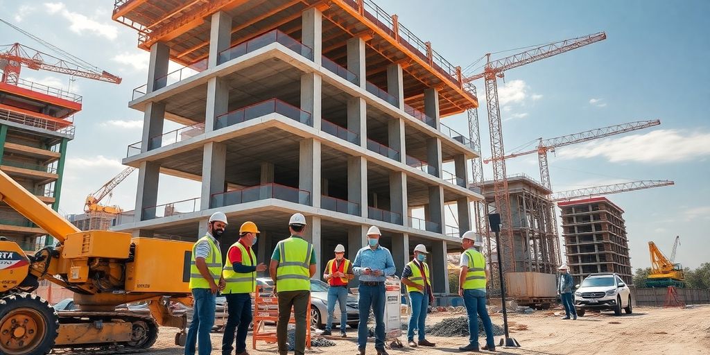 Diverse construction workers collaborating on an innovative site.