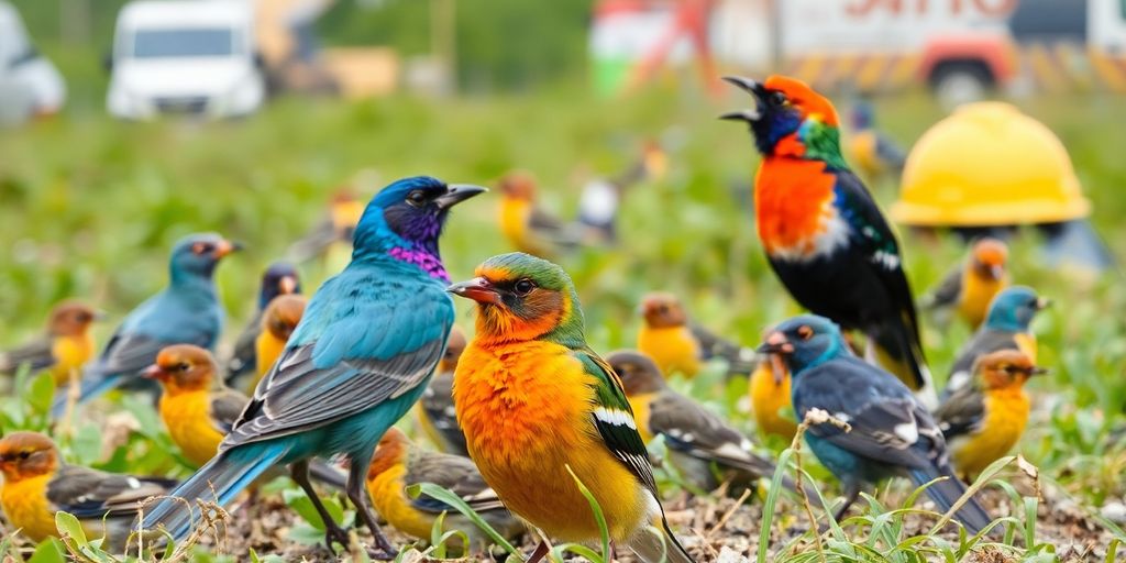 Aves em meio à poluição sonora urbana.