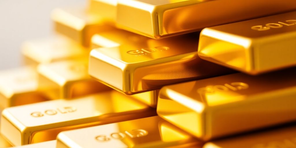 Des barres d'or brillantes empilées.