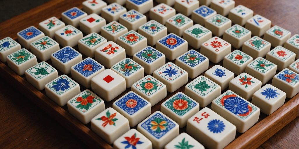 Intricately designed Mahjong tiles on a wooden table.
