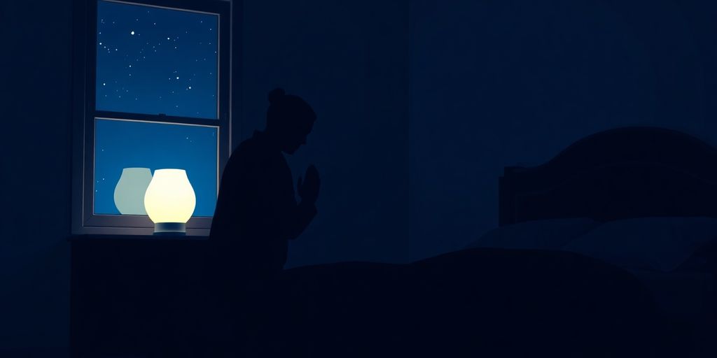 Silhouette of a person praying by a bed at night.