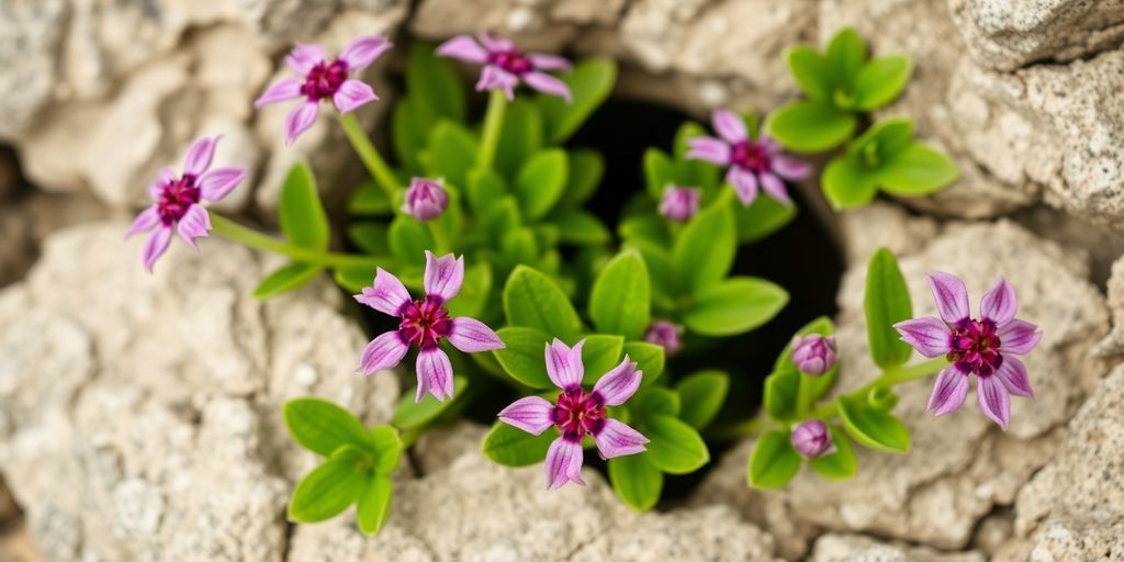 Rhodiola rosea plant with pink flowers on a rock.