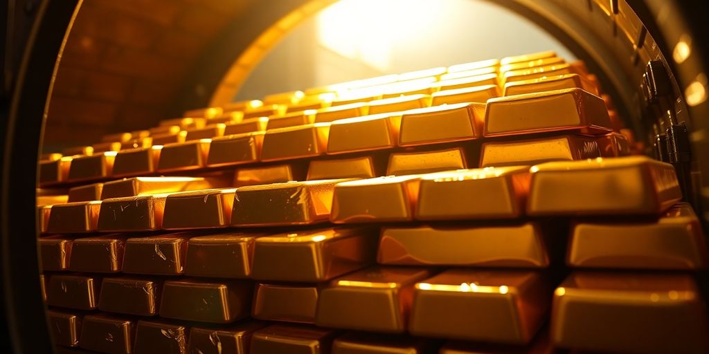 Lingots d'or dans un coffre-fort ouvert.