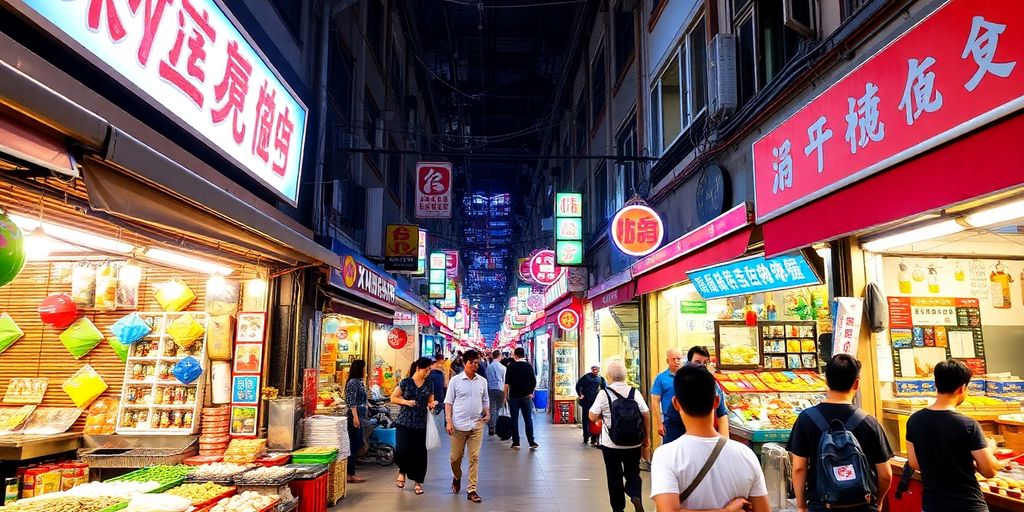 Busy market scene in Shenzhen with vendors and shoppers.
