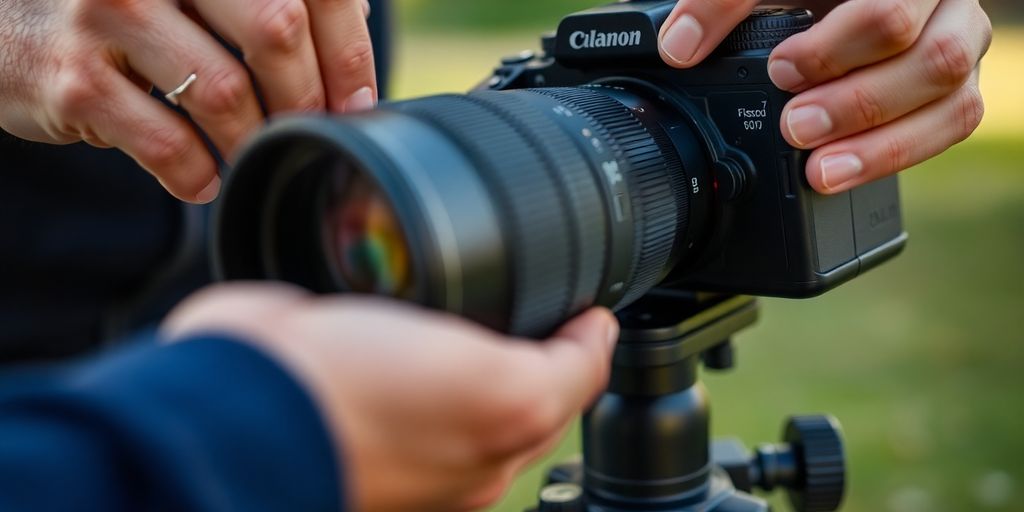Photographer adjusting camera lens on tripod.