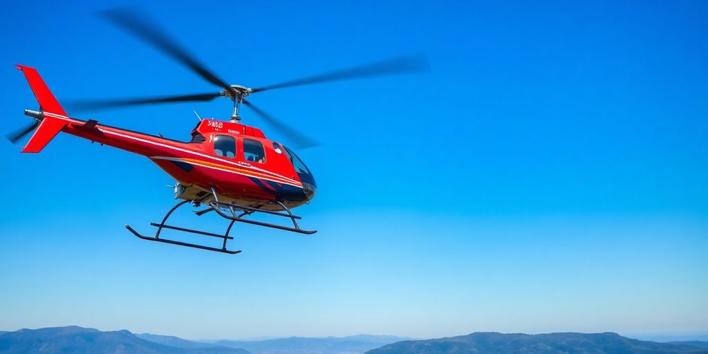A helicopter flying high above a beautiful landscape.