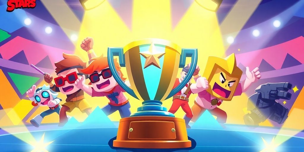 Brawl Stars championship trophy, game characters.