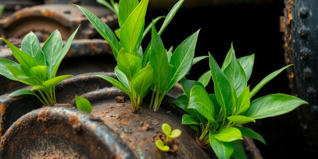 Green leaves sprouting from repurposed industrial waste.