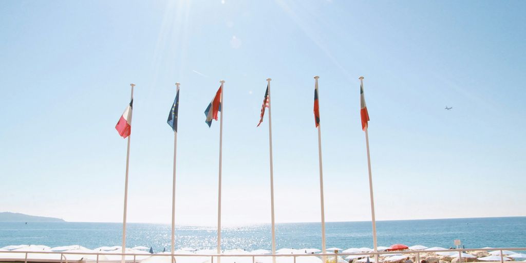 six assorted country flags beside body of water