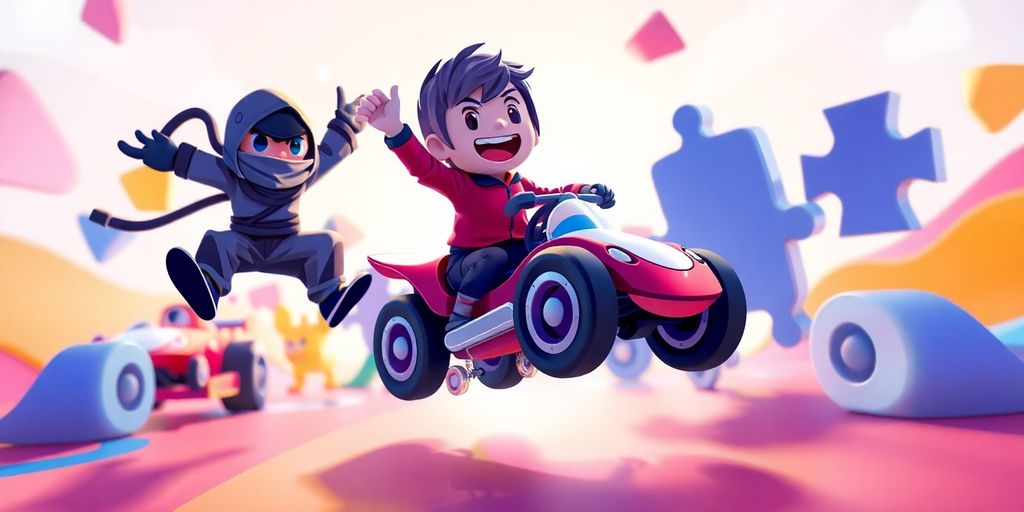 Colorful gaming characters on a vibrant, playful background.