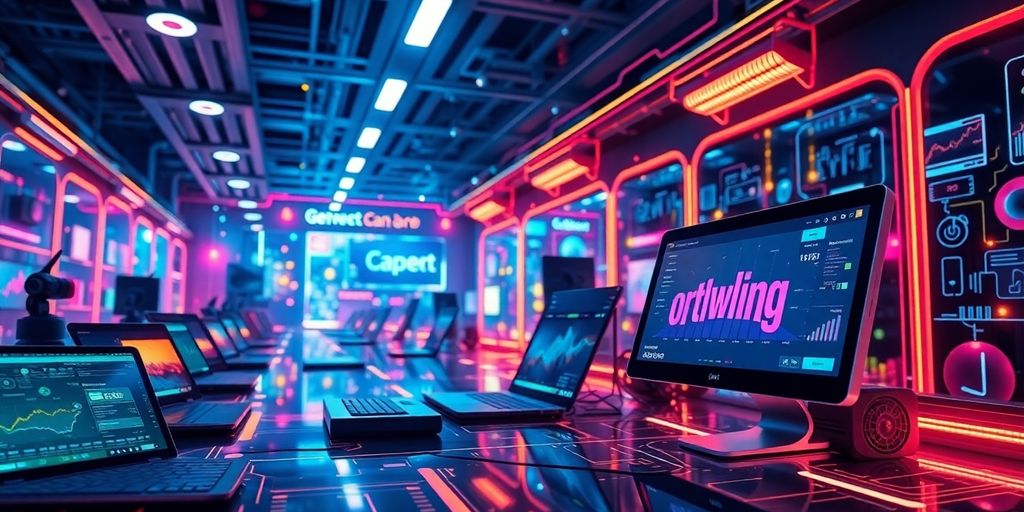 Futuristic workspace with AI elements for eCommerce.