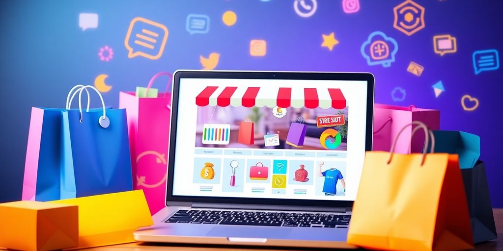 Laptop com loja online e sacolas de compras digitais.