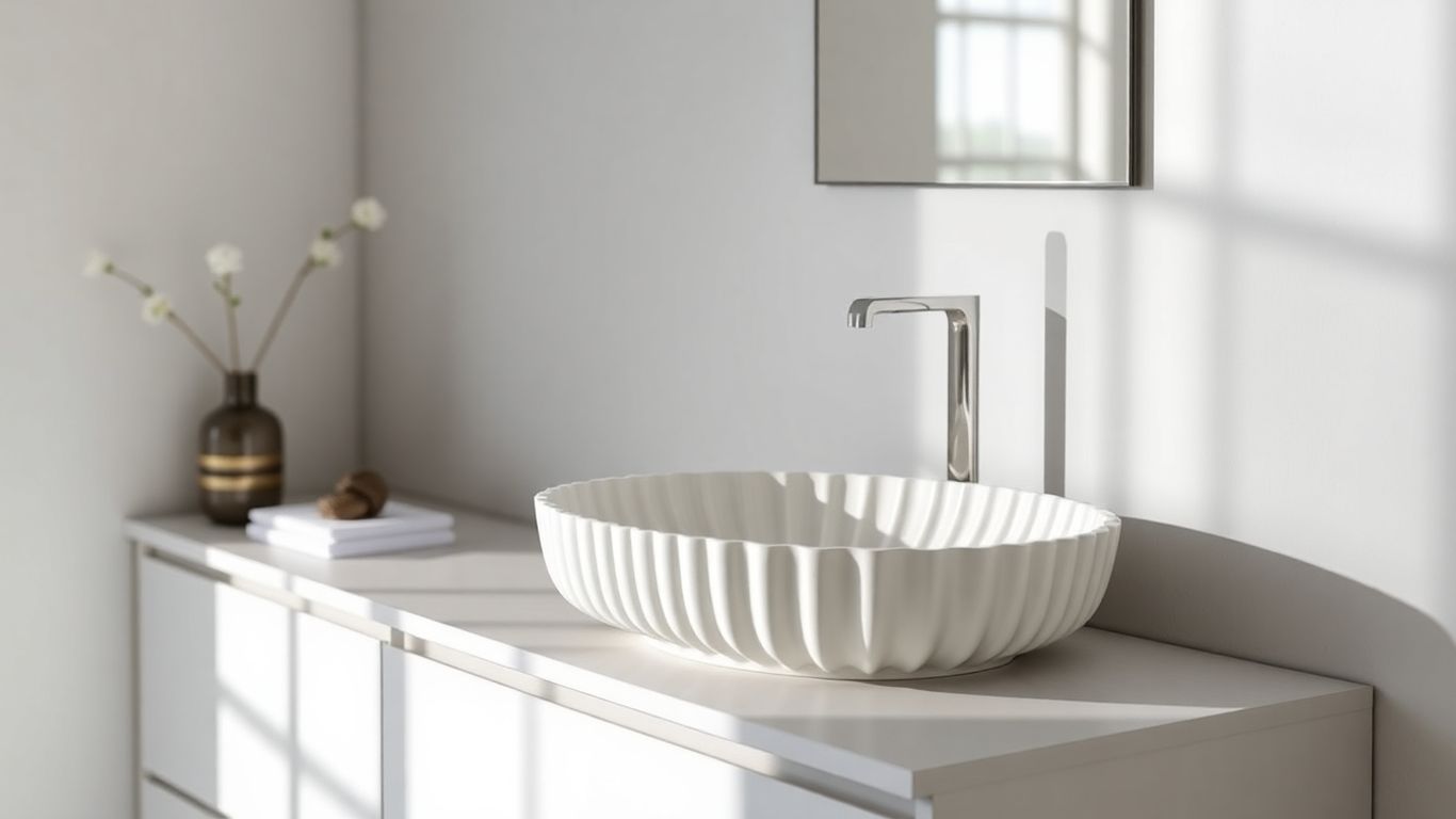 Modern bathroom with fluted vanity sink and minimal decor