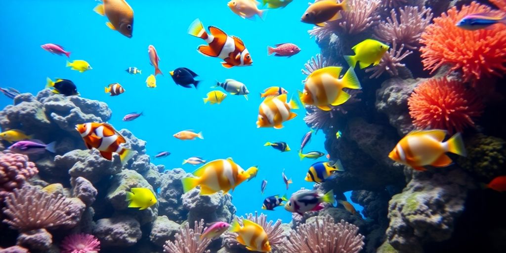 色彩斑斓的海水鱼在珊瑚礁中游泳。