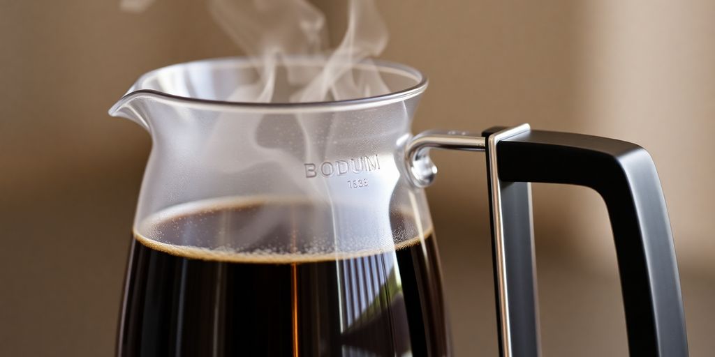 Bodum coffee maker brewing coffee.