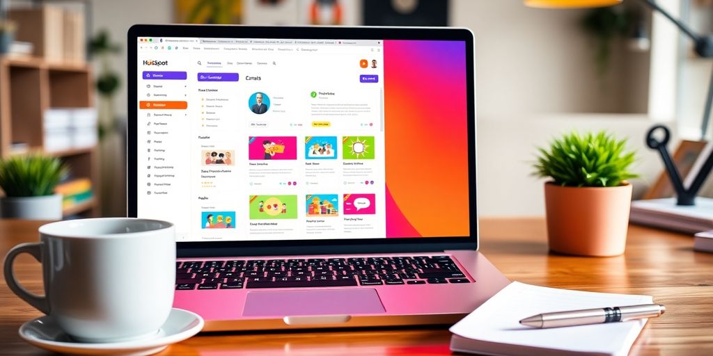 Colorful workspace with laptop and email marketing tools.