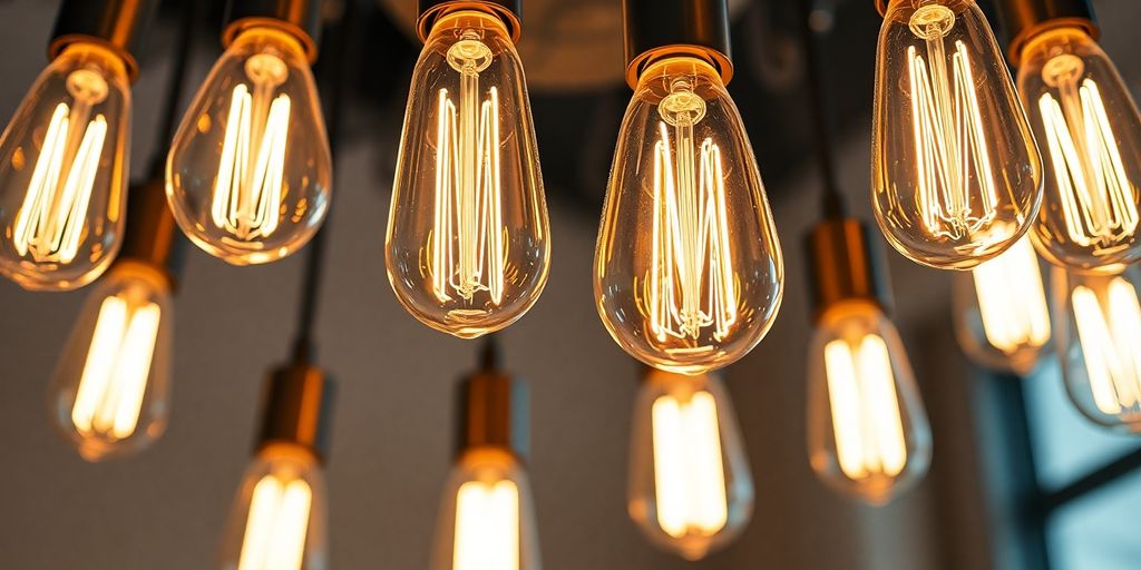 Modern chandelier with glowing bulbs in foyer.