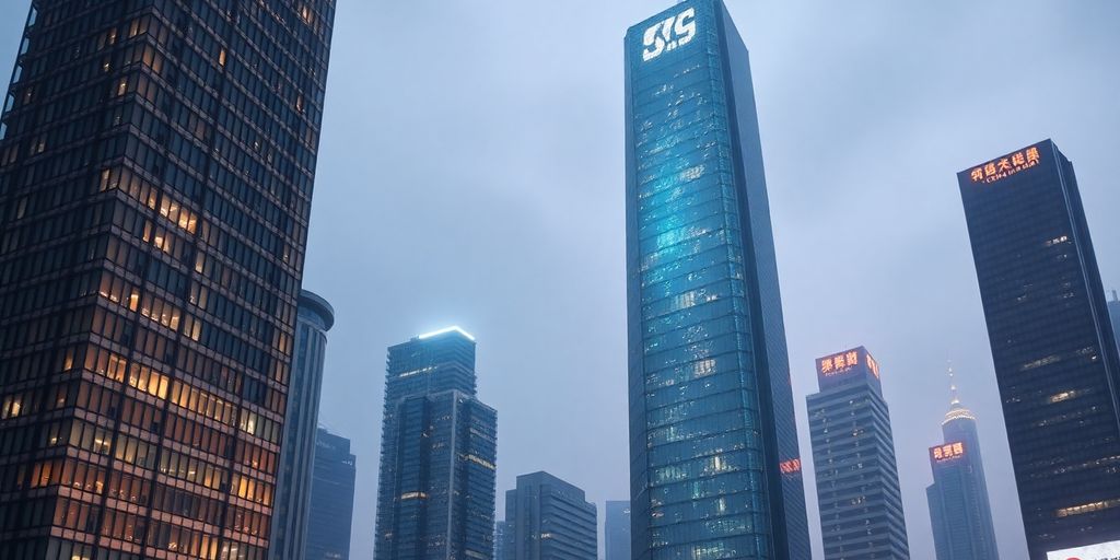 Chinese financial building with a digital globe.