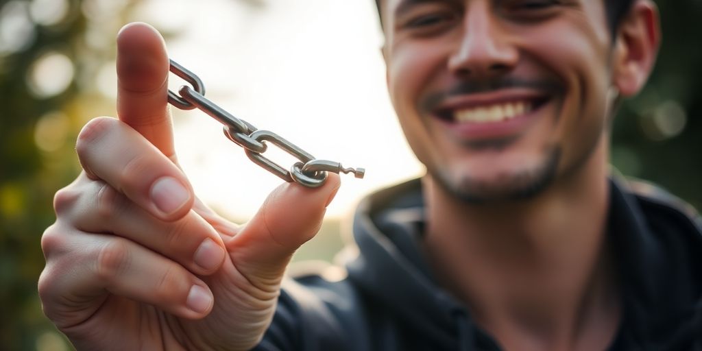 Person holding a broken chain in a serene outdoor setting.