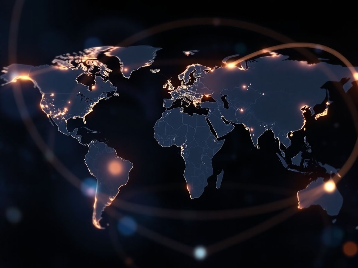 Hărți globale și conexiuni vizuale abstracte.