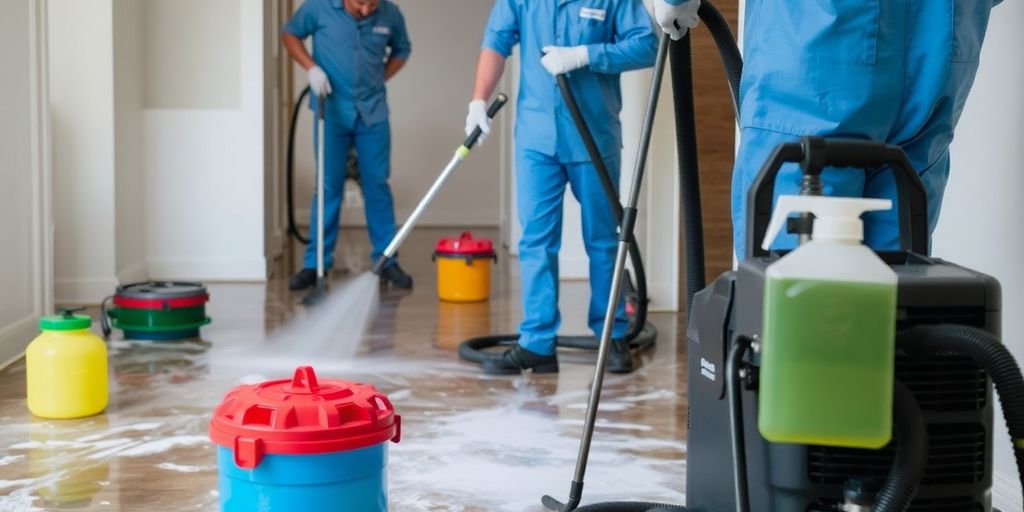 Workers cleaning water-damaged areas with professional equipment.