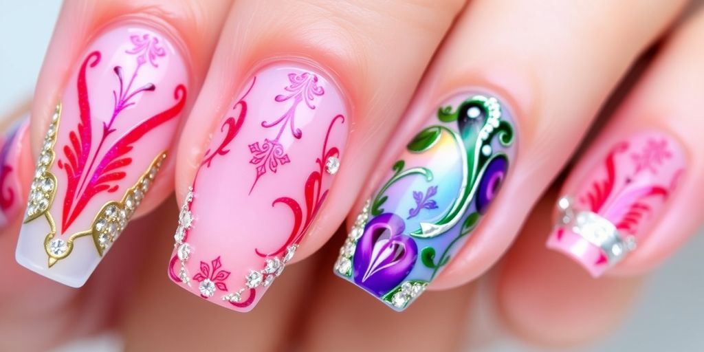 Unhas de gel decoradas com detalhes vibrantes