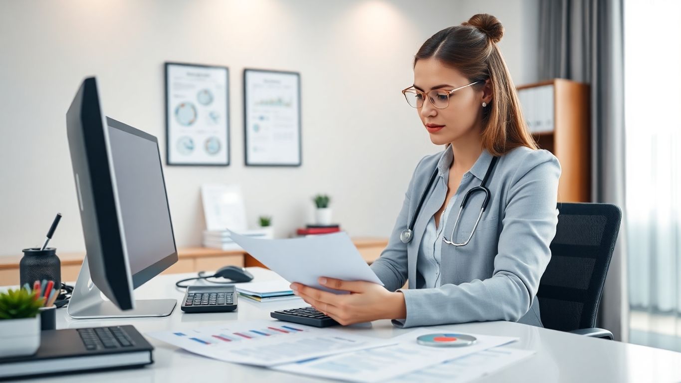 Accounting &Amp; Bookkeeping For Medical Practices In Newport Beach Ca: Financial Health For Your Practice Professional Bookkeeper In Medical Office Analyzing Financial Documents.