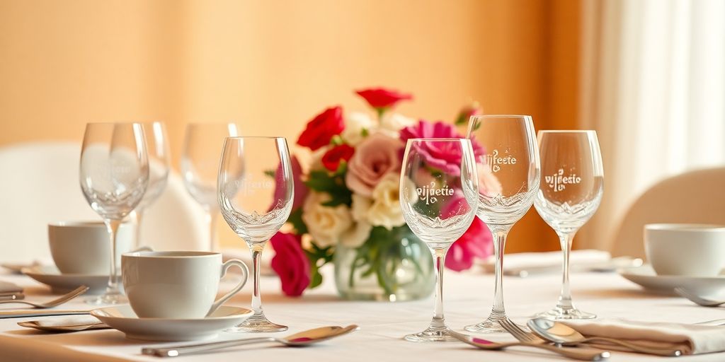 Elegant dining table with cups and glasses set.