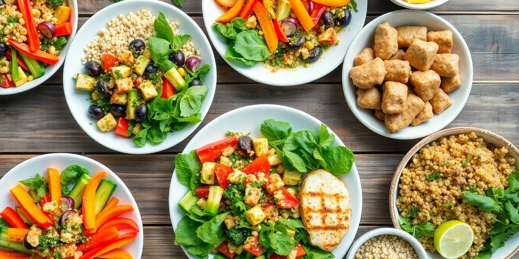 Colorful healthy meals on a rustic wooden table.