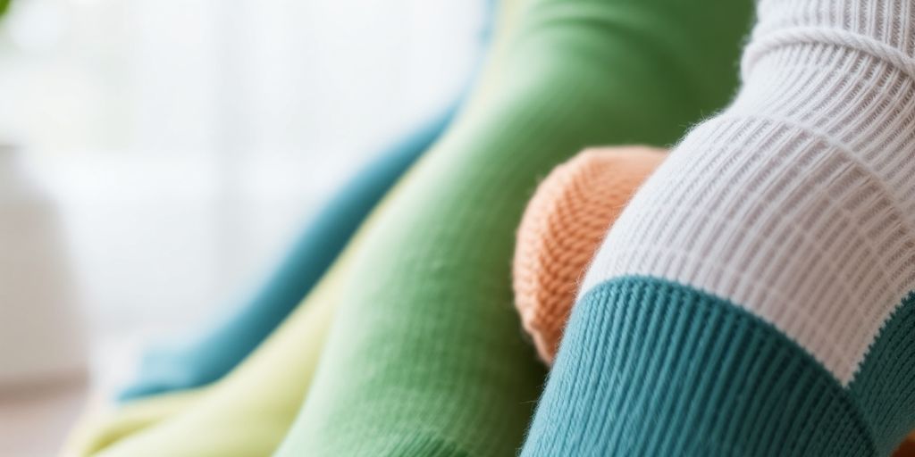 Close-up of colorful bamboo diabetic socks on a surface.