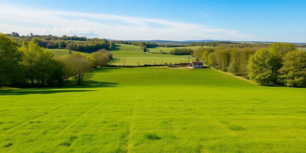 Aerial view of green land with trees and sky.