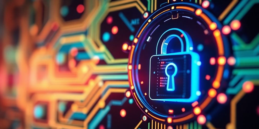 Futuristic digital lock on glowing circuit board background.