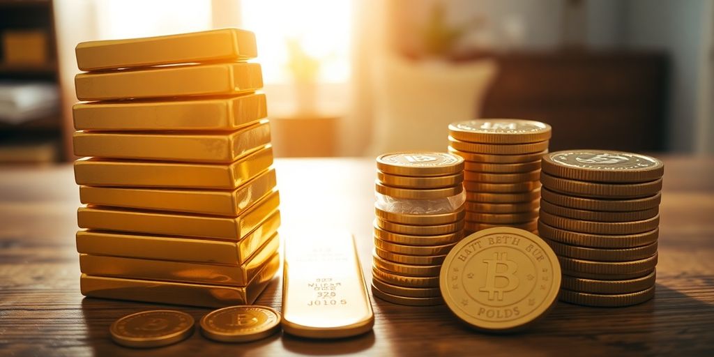Des barres et pièces d'or sur une table en bois.