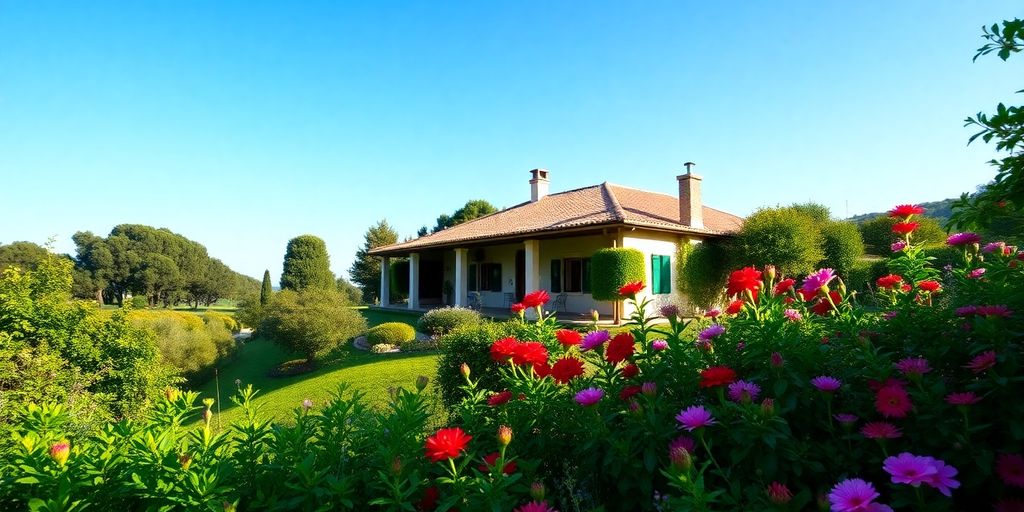 Traditional Portuguese villa with greenery and flowers.