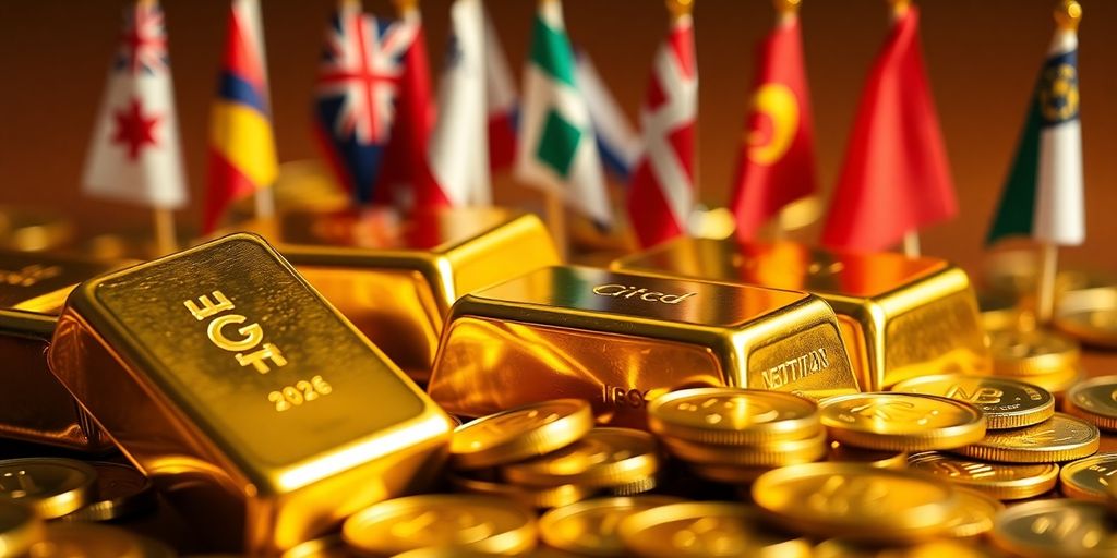 Lingots d'or, pièces de monnaie, drapeaux mondiaux