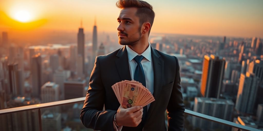 Man in suit, money, city skyline.