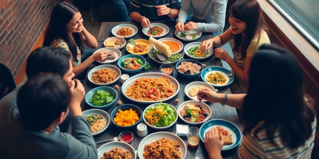 Friends enjoying a communal dining experience with colorful dishes.