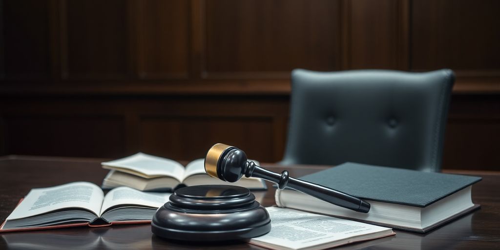 Courtroom with gavel and empty chair for justice.