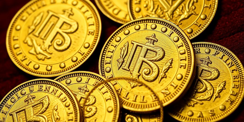 Pièces d'or de la Renaissance sur fond de velours.