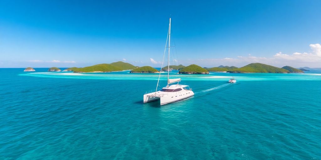 Catamaran sailing turquoise waters Tortola Virgin Islands.