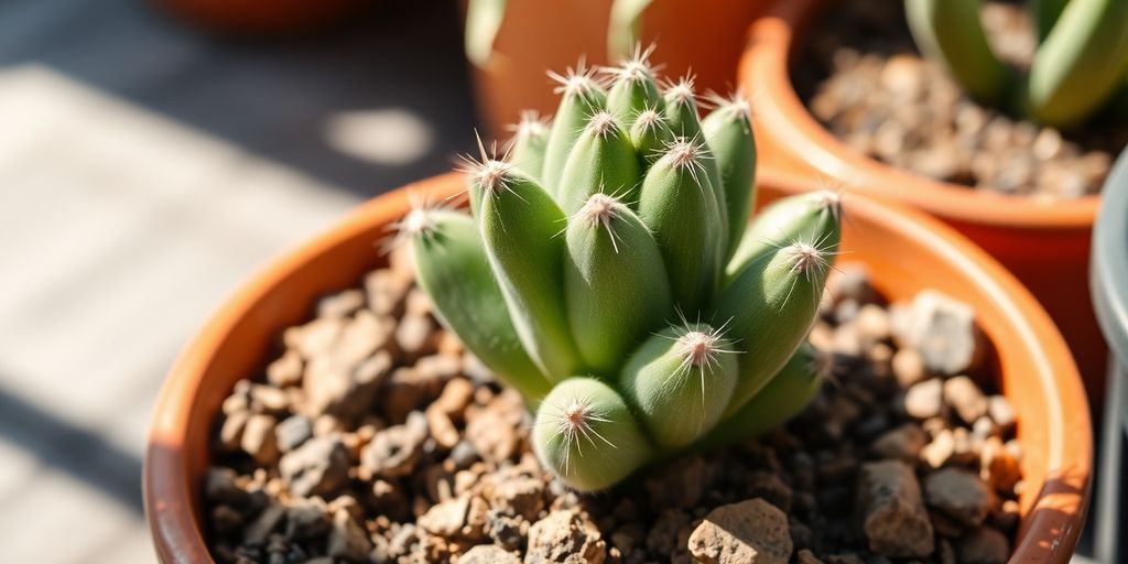 Cactus verde en maceta de terracota, sustrato rocoso.