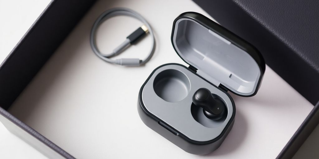 Wireless earbuds, black case, charging cable, elegant gift box.