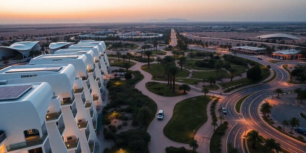 Aerial drone shot of futuristic desert city with solar rooftops