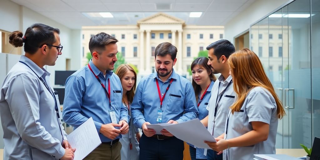 Técnicos trabalhando juntos em um ambiente municipal.