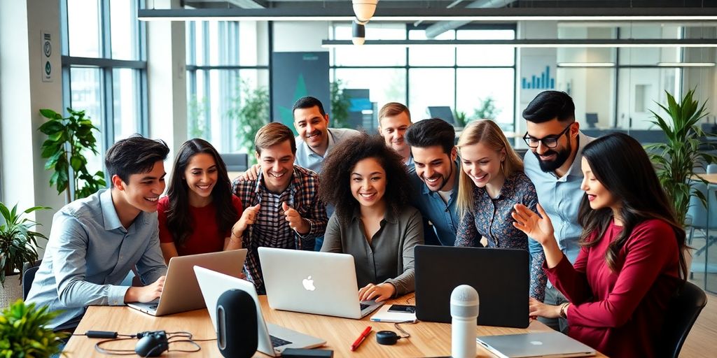 Group of entrepreneurs collaborating in a modern workspace.