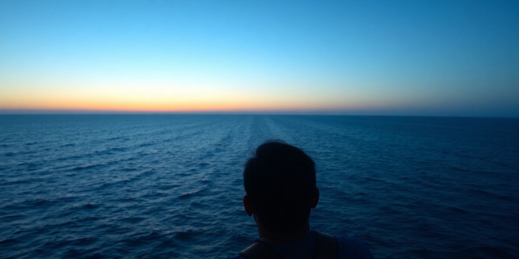 Investor confidently surveys a serene sunrise over calm water.