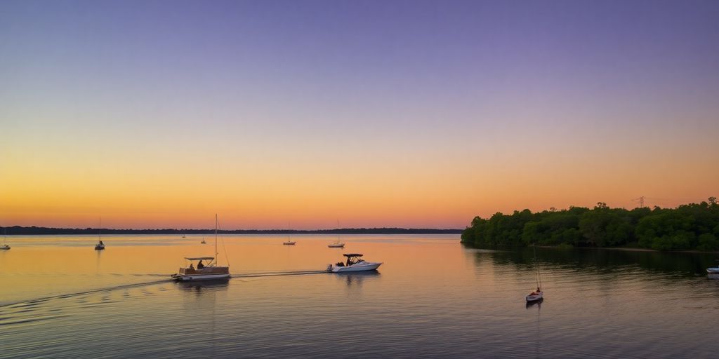 Boats on Lake Monroe at sunset, Florida.